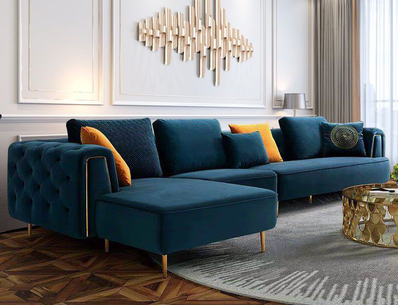 Jean Navy Velvet Sectional Gold Trim