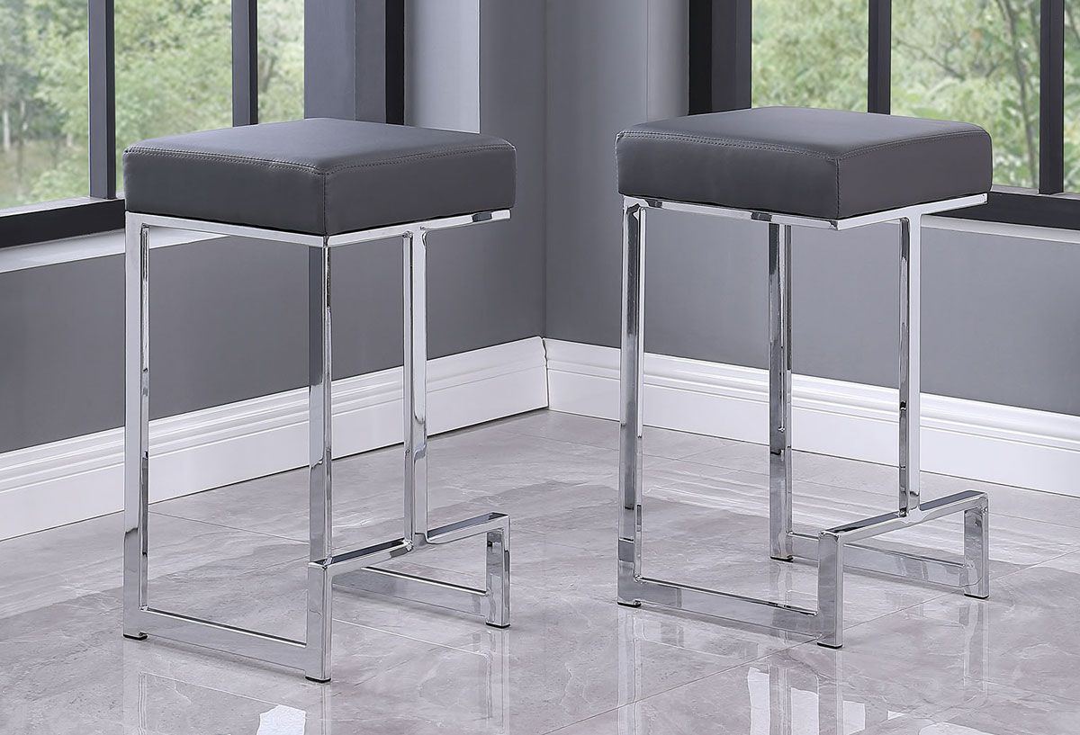 Jeny Grey Leather Bar Stool With Chrome Frame