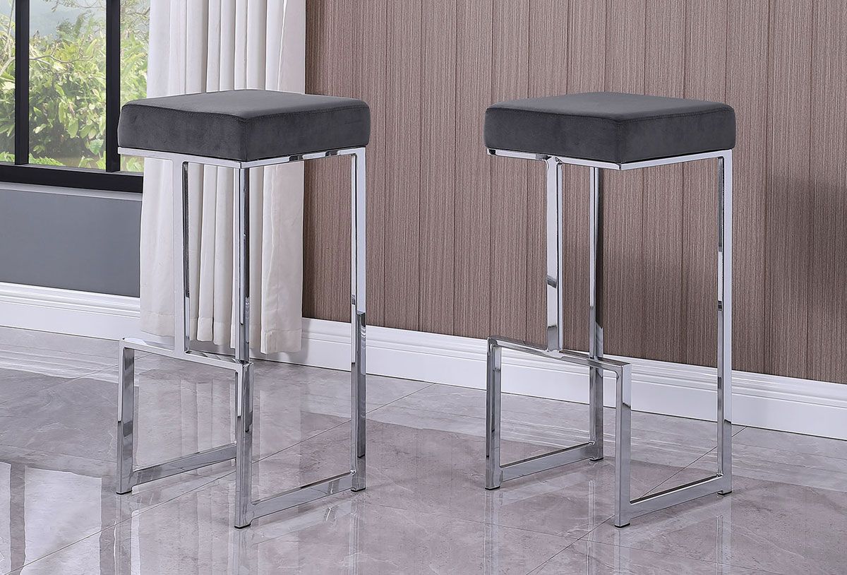 Jeny Grey Velvet Bar Stool With Chrome Frame