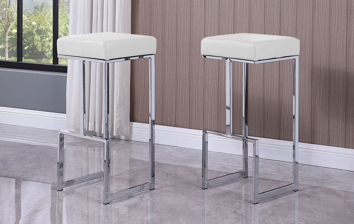 Jeny White Leather Bar Stool With Chrome Frame