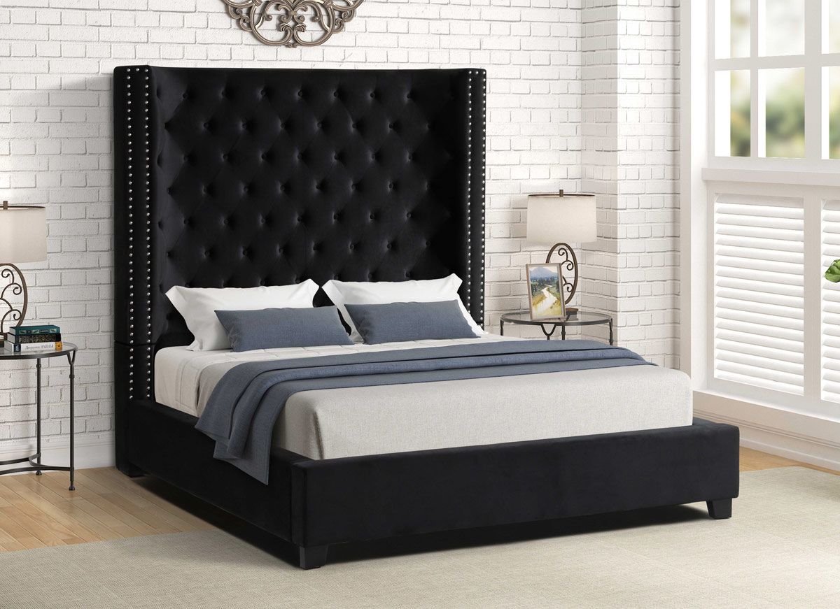 Jerell Tall Headboard Bed Black Velvet 