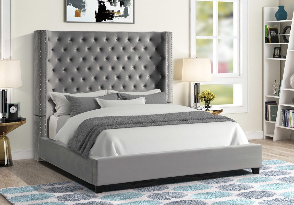 Jerell Tufted Grey Velvet Bed With Tall Headboard