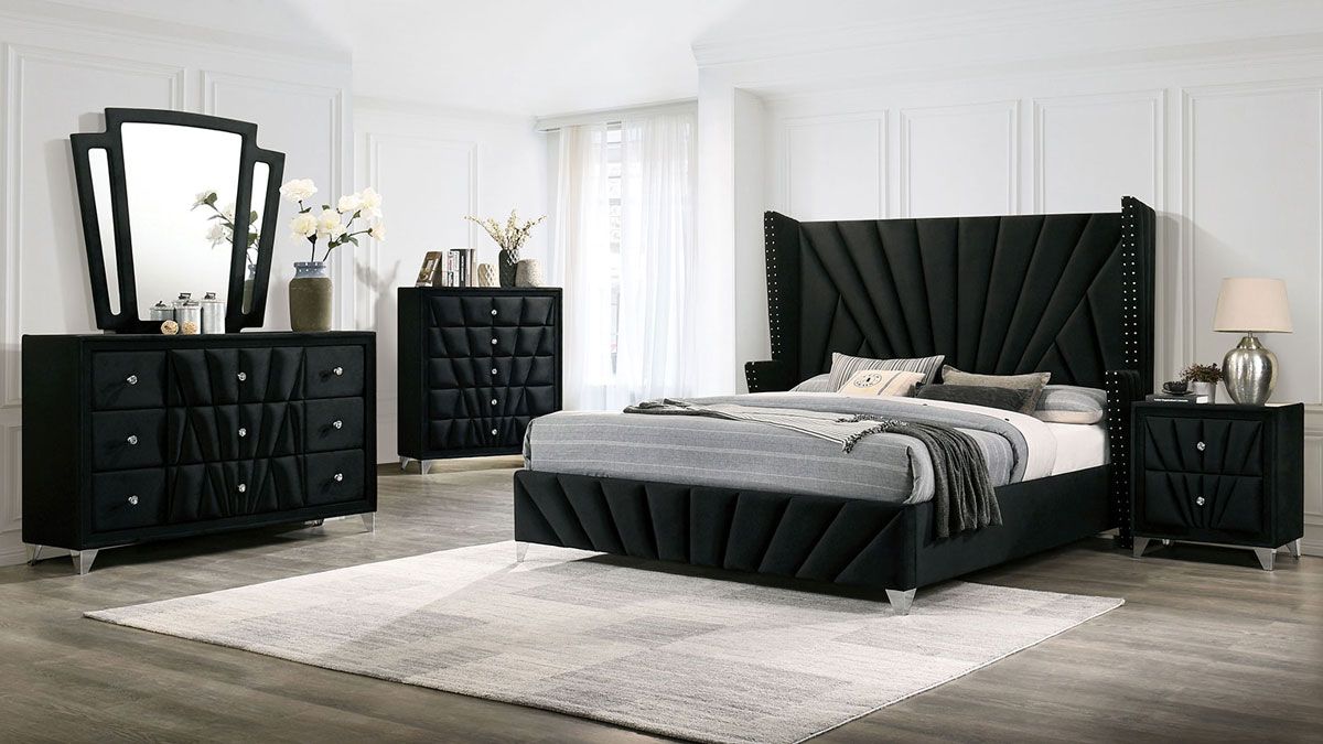 Josie Modern Winged Bed Black Velvet