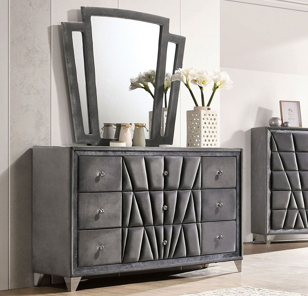 Josie Grey Velvet Dresser With Mirror