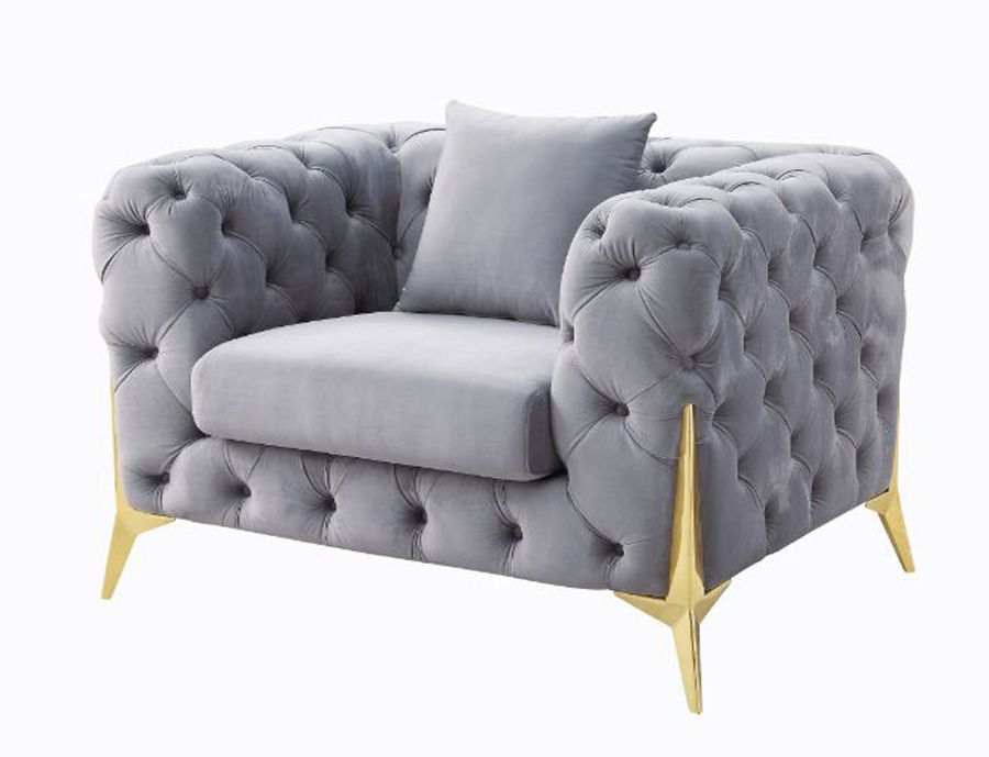Kalmia Grey Tufted Velvet Chair Gold Legs