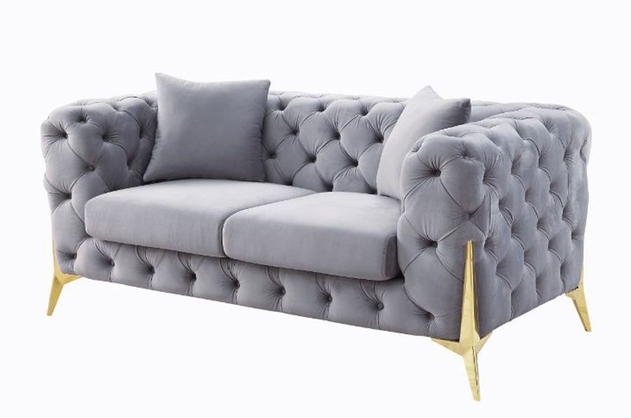 Kalmia Grey Tufted Velvet Loveseat Gold Legs