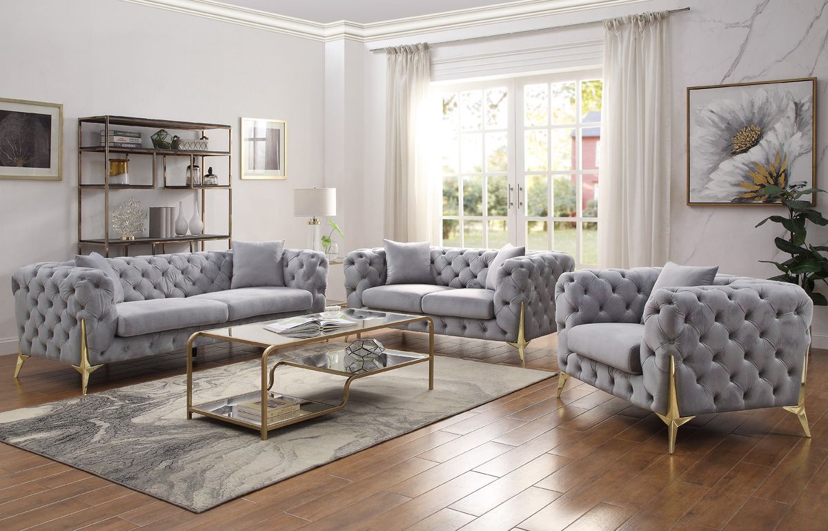 Kalmia Grey Tufted Velvet Sofa Gold Legs