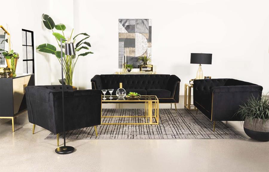 Kander Black Sofa Set With Gold Accents