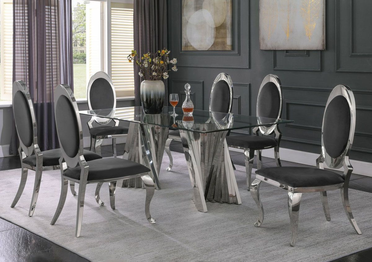 Kappa Glass Top Dining Table With Grey Velvet Chairs