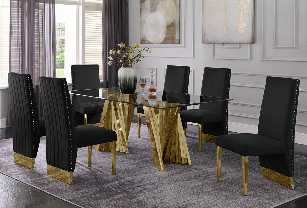 Kappa Gold Dining Table Set With Black Velvet Chairs