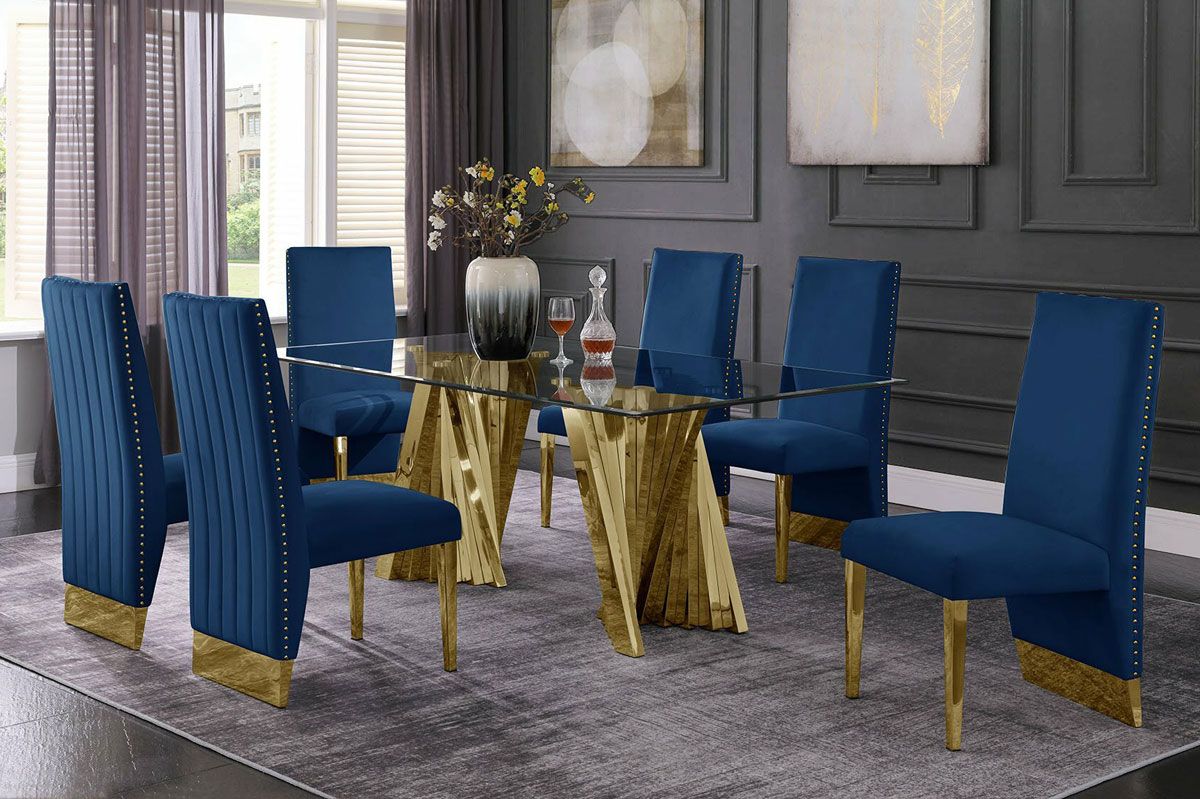 Kappa Gold Dining Table Set With Blue Velvet Chairs
