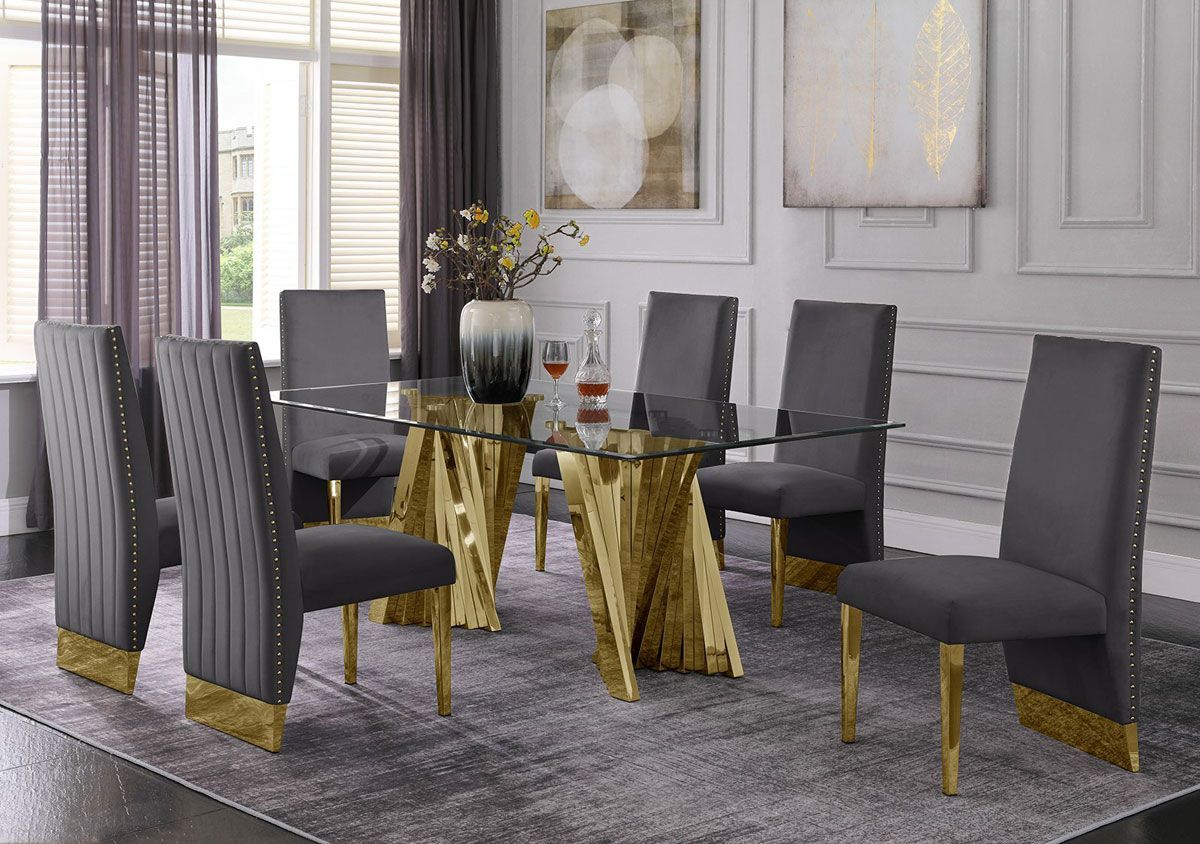 Kappa Gold Dining Table Set With Grey Velvet Chairs
