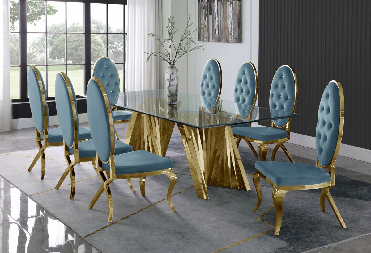 Kappa Large Glass Top Dining Table With Blue Chairs