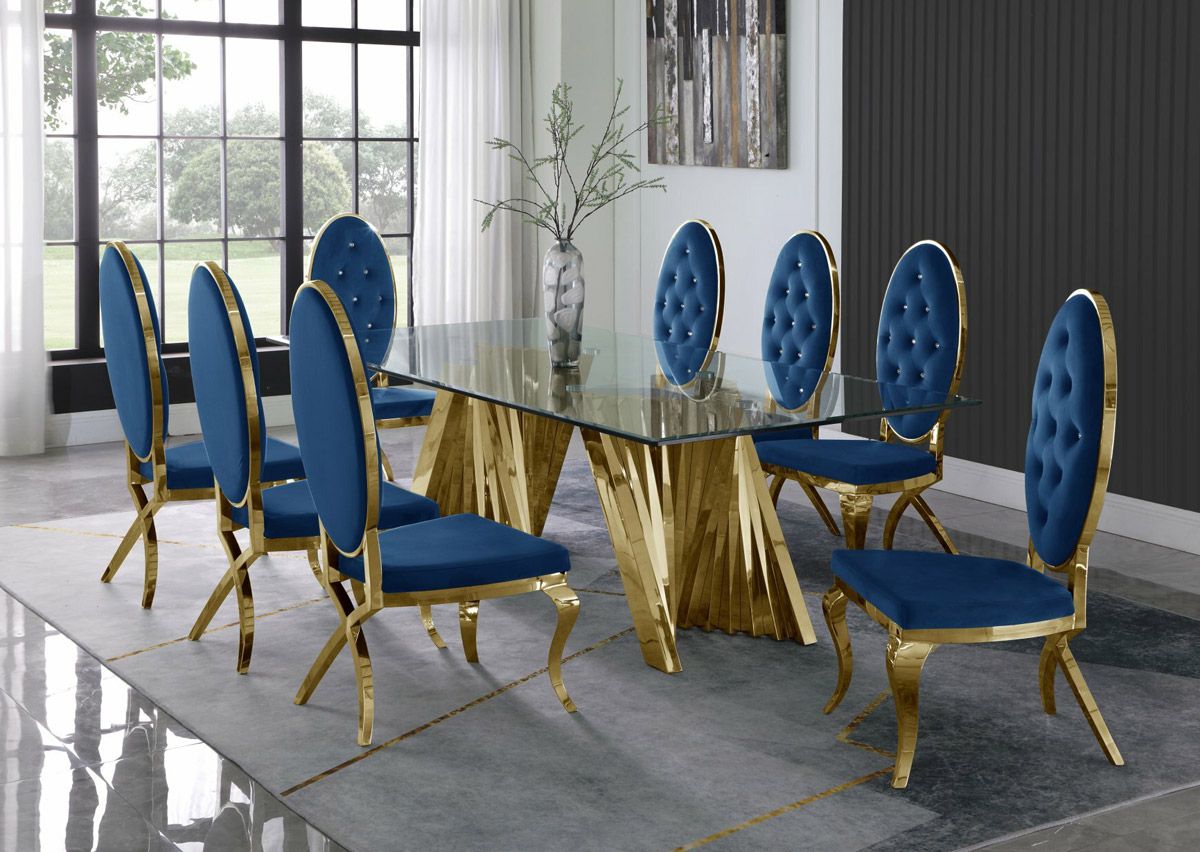 Kappa Large Glass Top Dining Table With Navy Chairs
