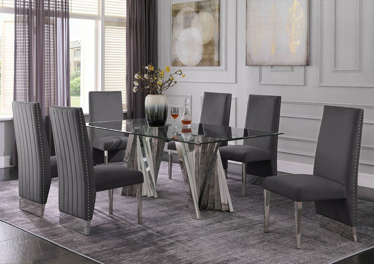 Kappa Modern Dining Table Set With Grey Velvet Chairs
