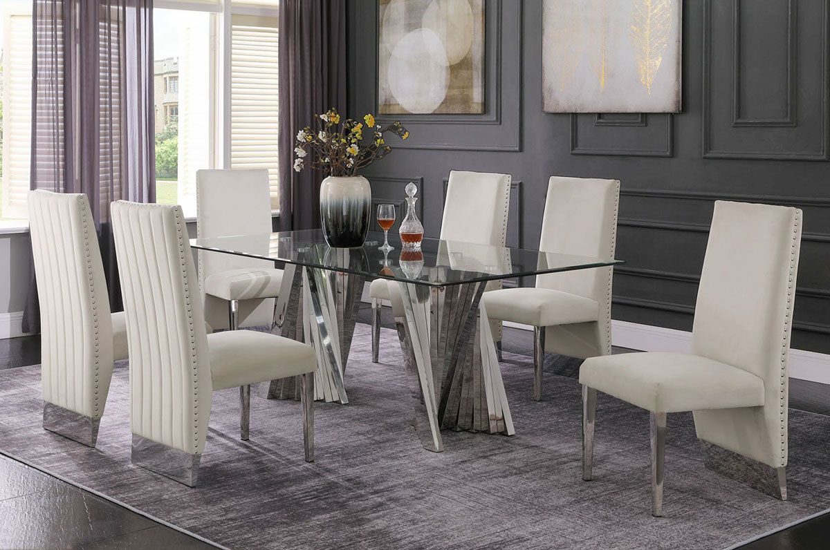 Kappa Modern Dining Table Set With White Velvet Chairs