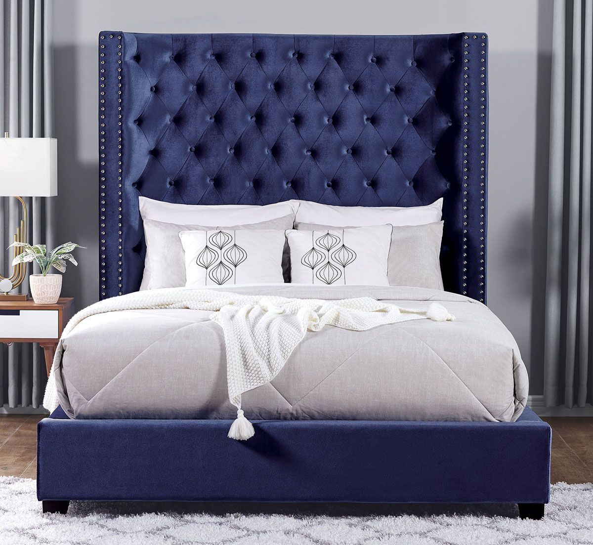 Kasidon Tufted Blue Velvet Bed Tall Headboard