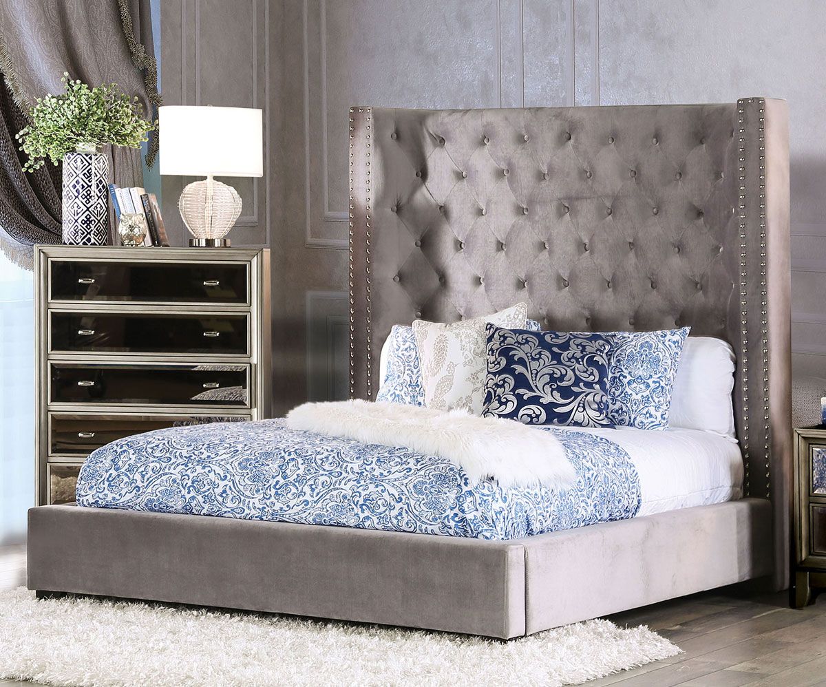 Kasidon Grey Velvet Tall Headboard Bed