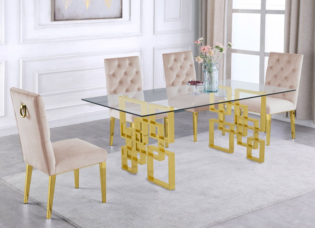 Kenza Glass Top Dining Table Set With Beige Chairs