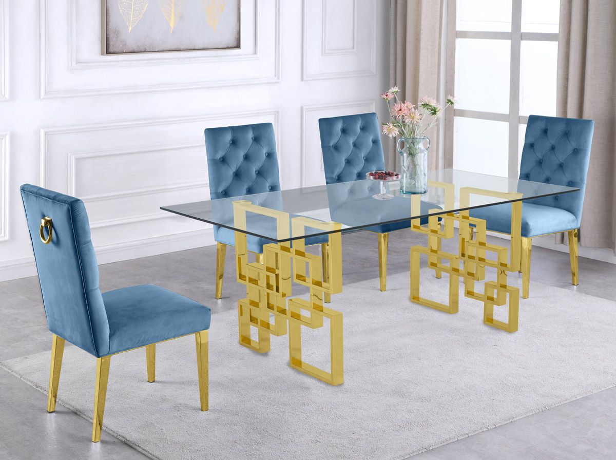 Kenza Glass Top Dining Table Set With Teal Chairs