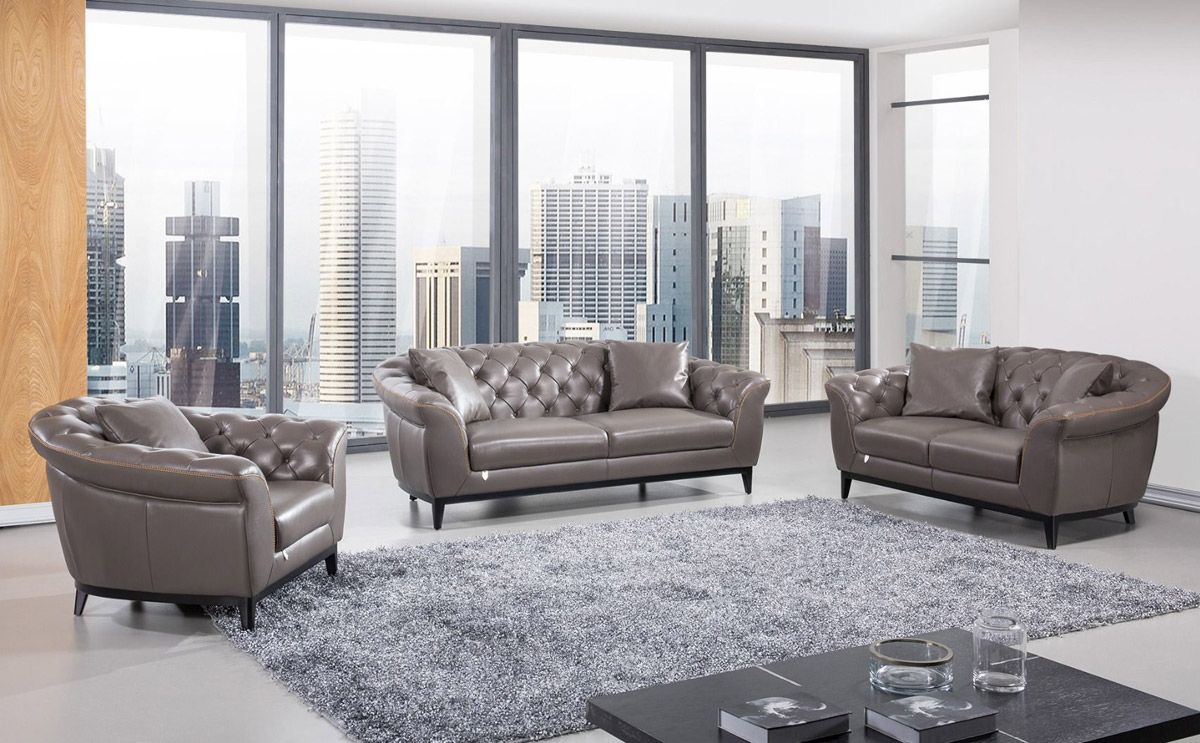 Kira Grey Tufted Leather Sofa Set