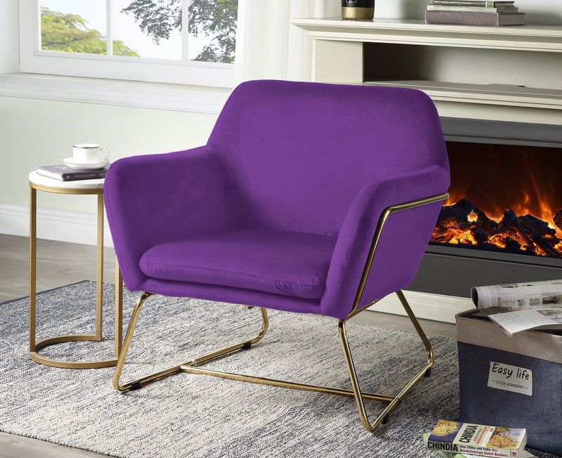purple velvet modern accent chair with gold finish frame