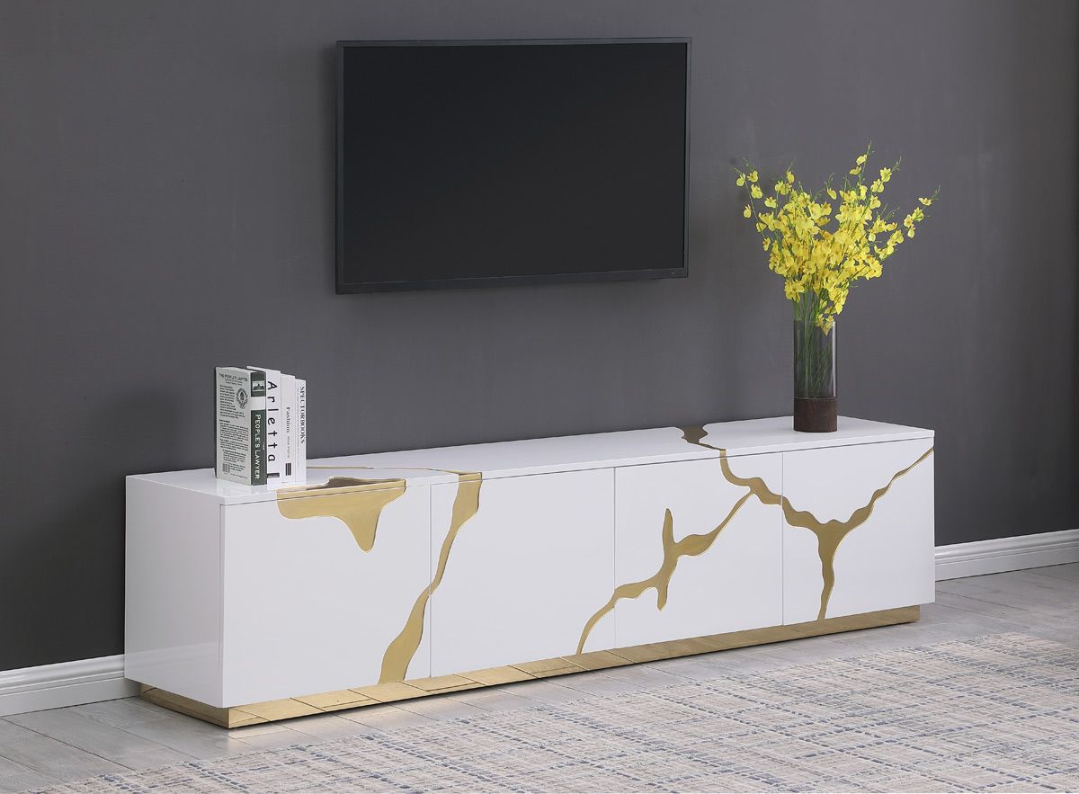 Lava White Lacquer TV Stand With Gold Accents