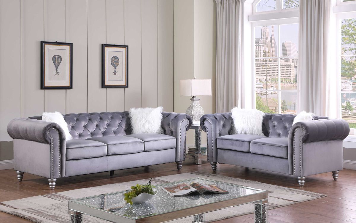 Lazo Gray Tufted Velvet 2 Piece Sofa Set