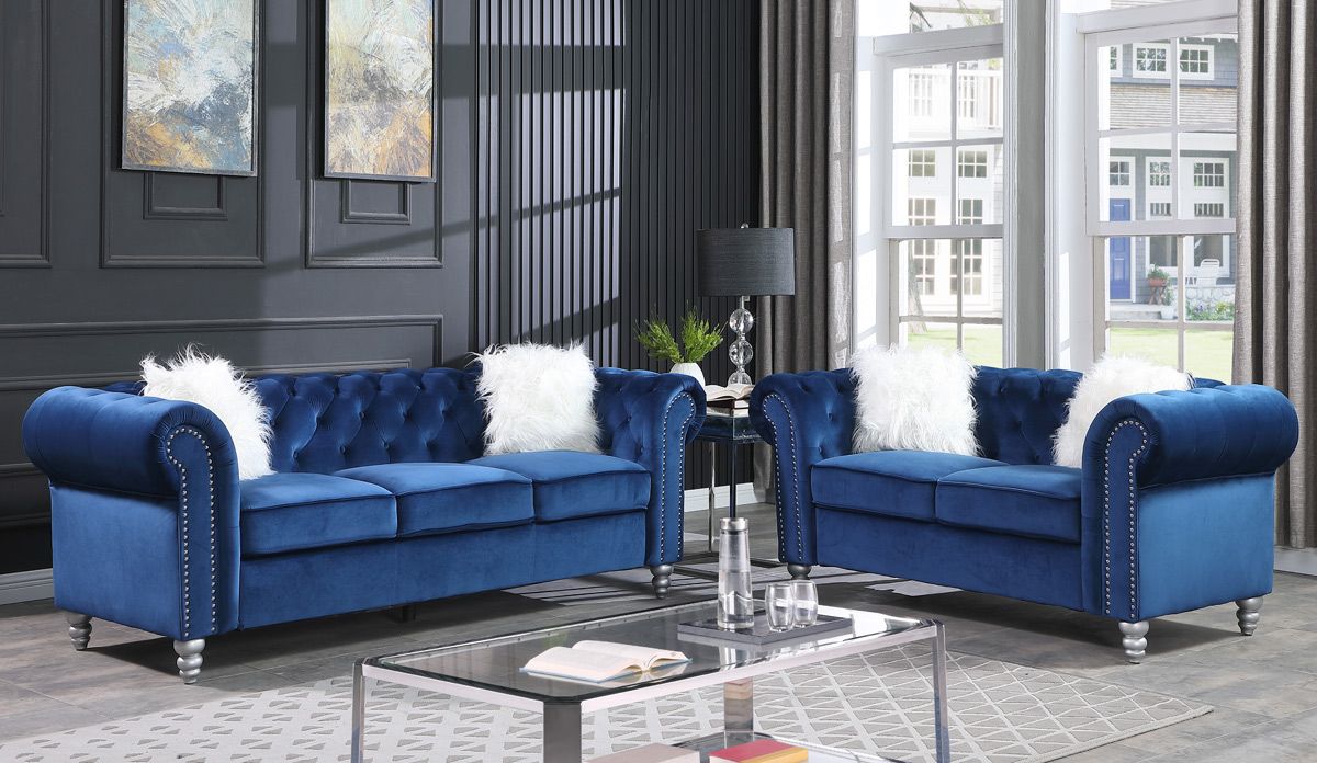 Lazo Blue Velvet Chesterfield Sofa Set