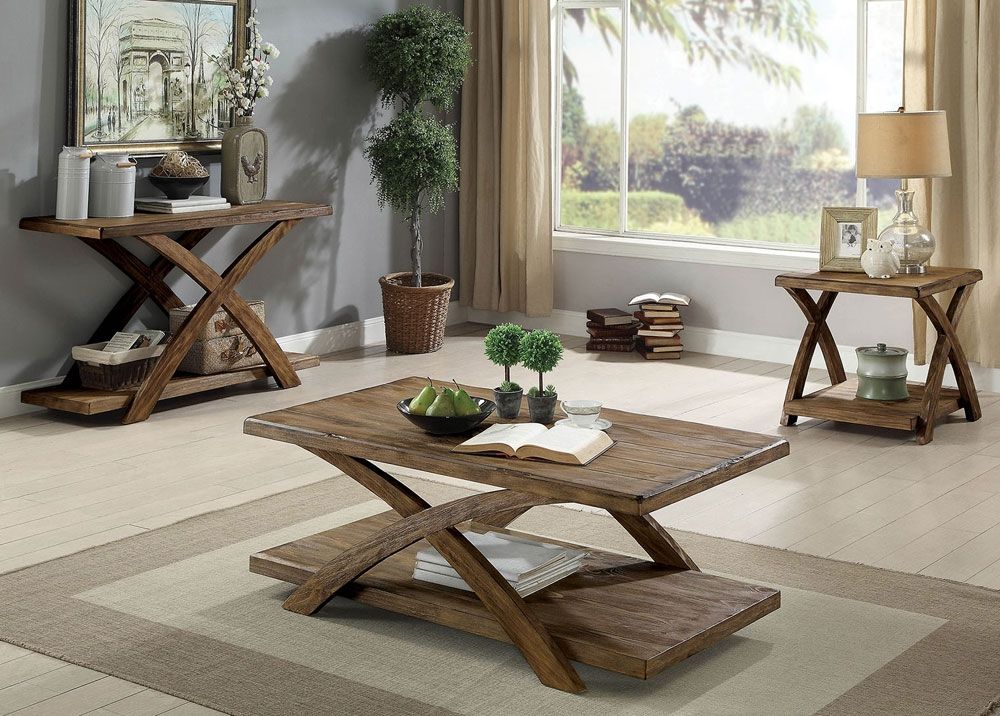 Leandra Rustic Oak Finish Coffee Table Set