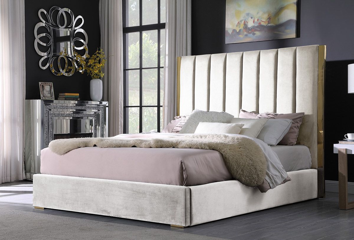 Leilah Beige Velvet Modern Platform Bed