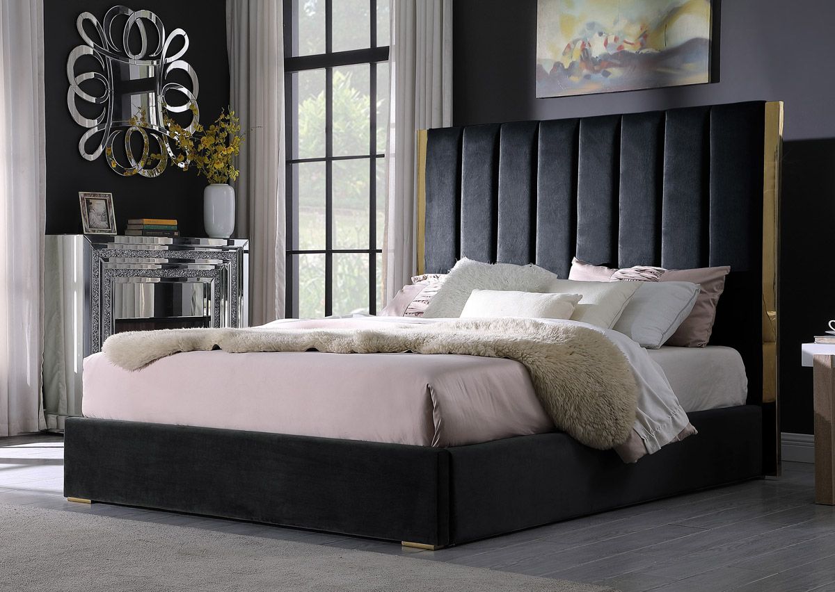 Leilah Black Velvet Bed With Gold Frame