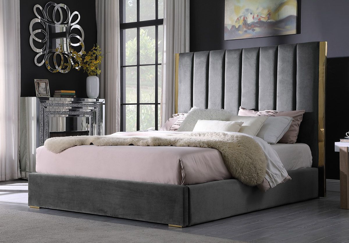 Leilah Grey Velvet Bed With Gold Frame 