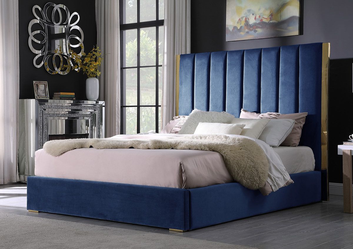 Leilah Navy Blue Velvet Platform Bed