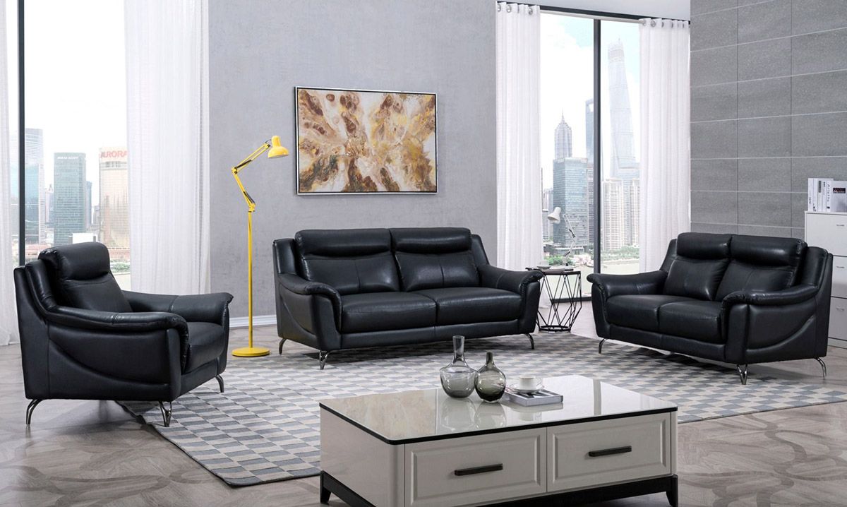 Levan Black Genuine Leather Sofa Set