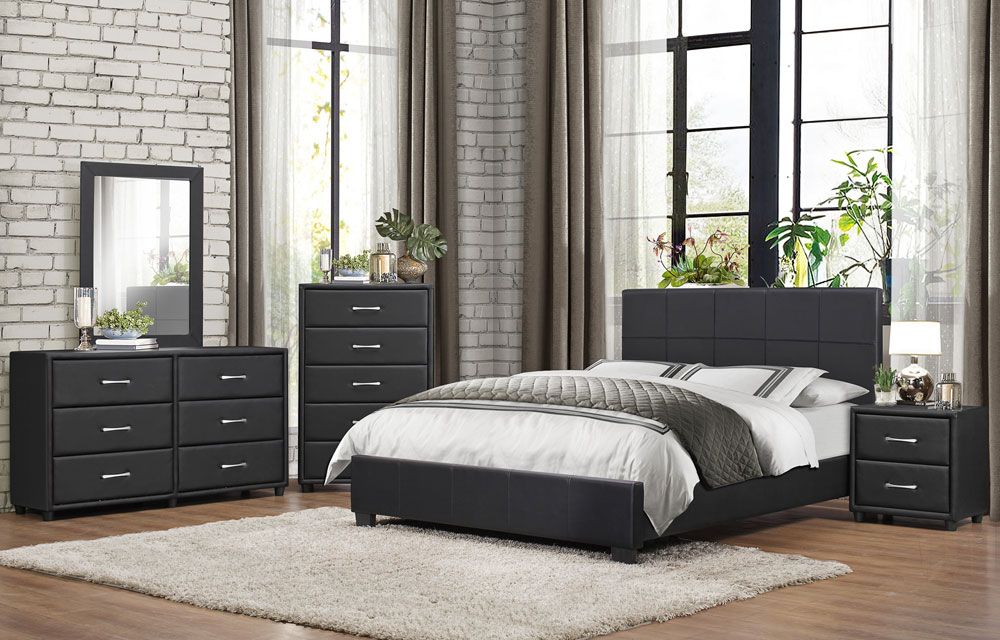 Lorenzi Modern Black Leather Bed