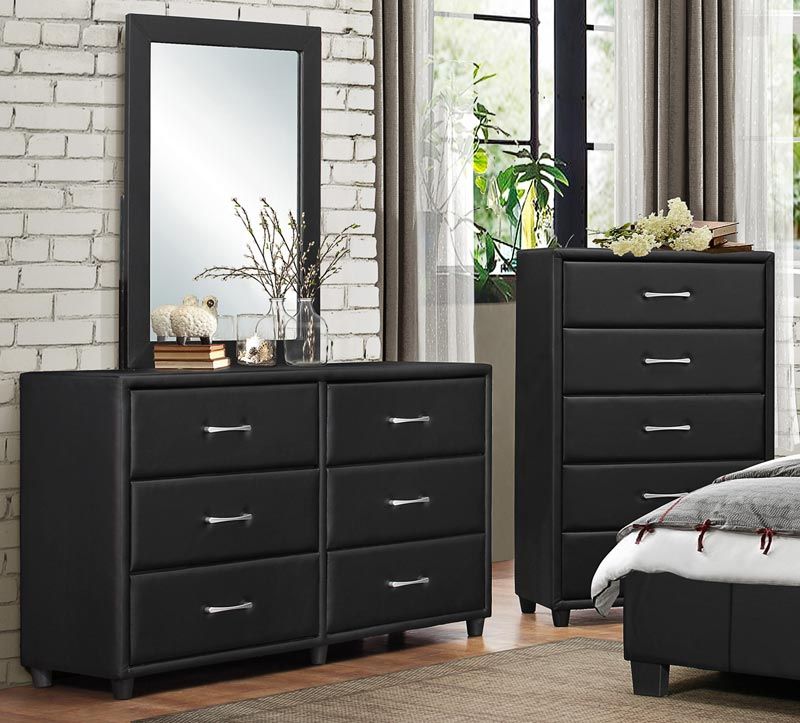 Lorenzi Black Leather Dresser Mirror Chest