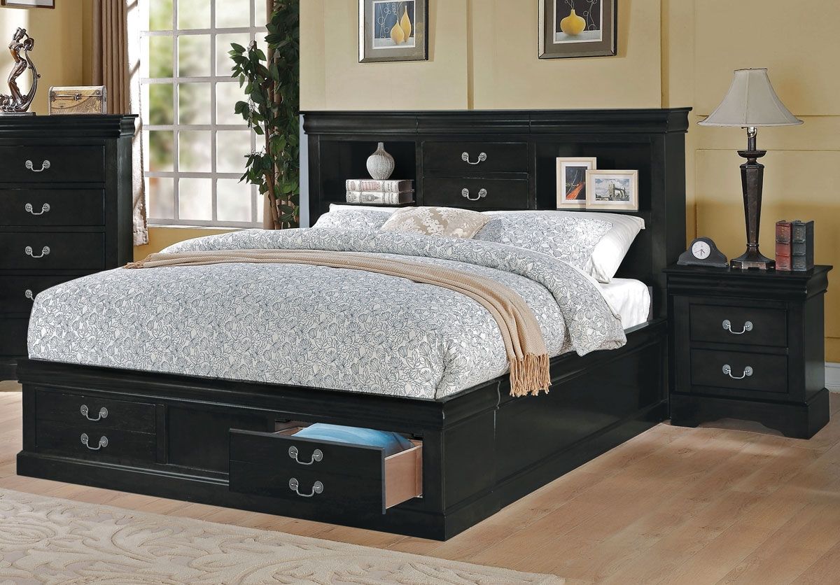 Louis Philippe Black Finish Storage Bed