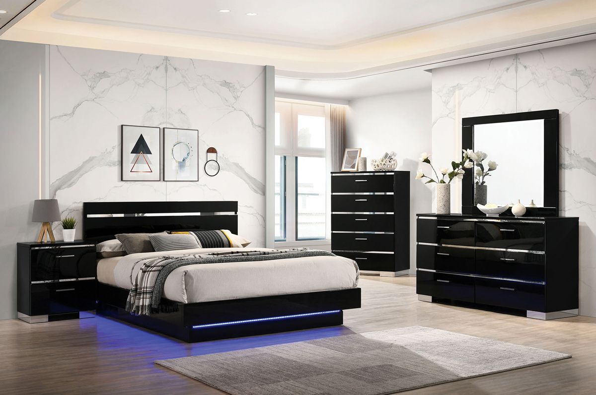 Luster Black Lacquer Bedroom Set With LED Lights