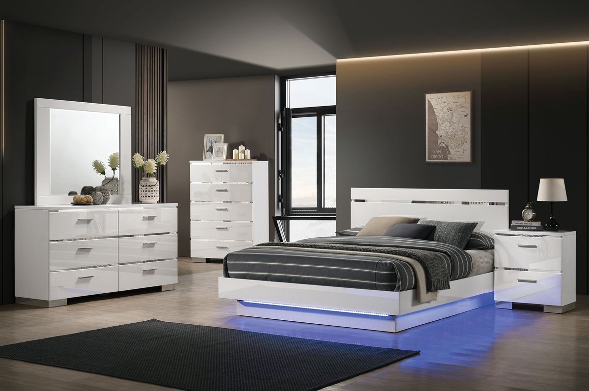 Luster LED Bedroom Set White Lacquer Finish