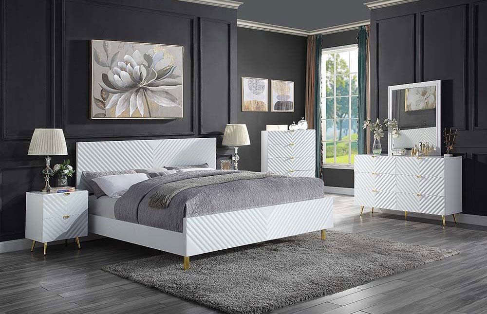 Luxor White Lacquer Bed Gold Accents