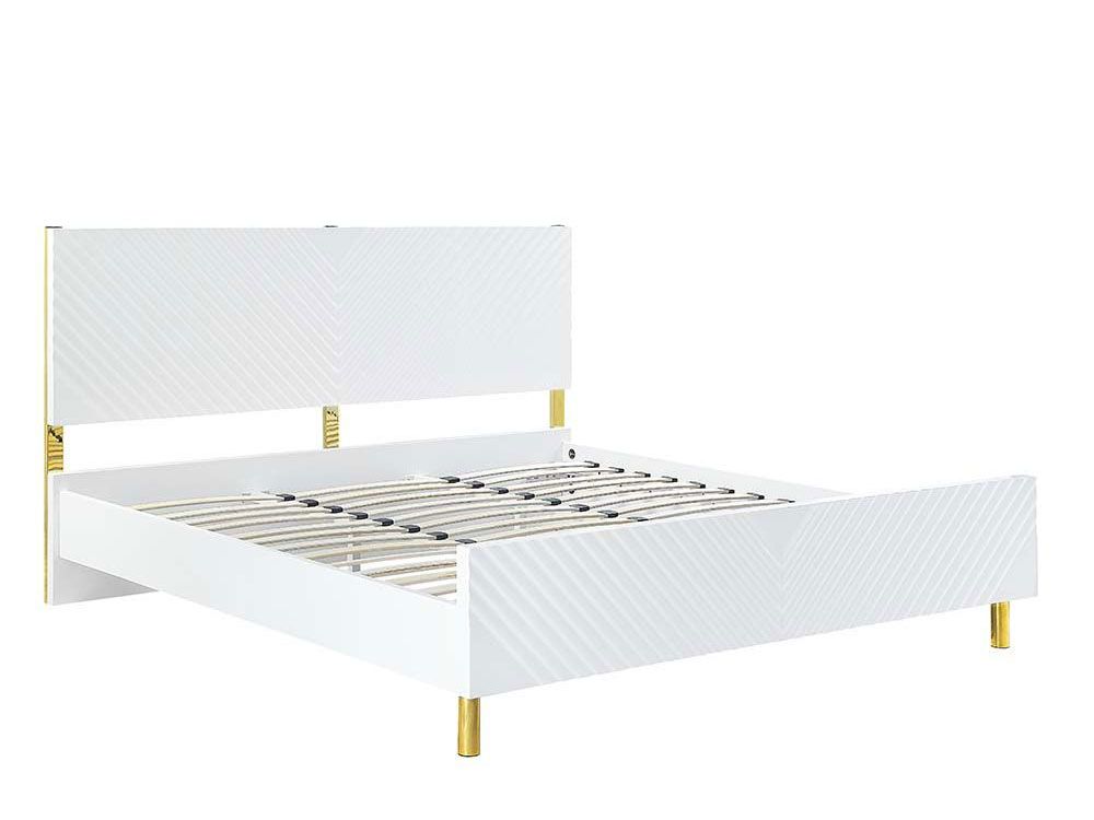 Luxor White Lacquer Platform Bed Gold Accents