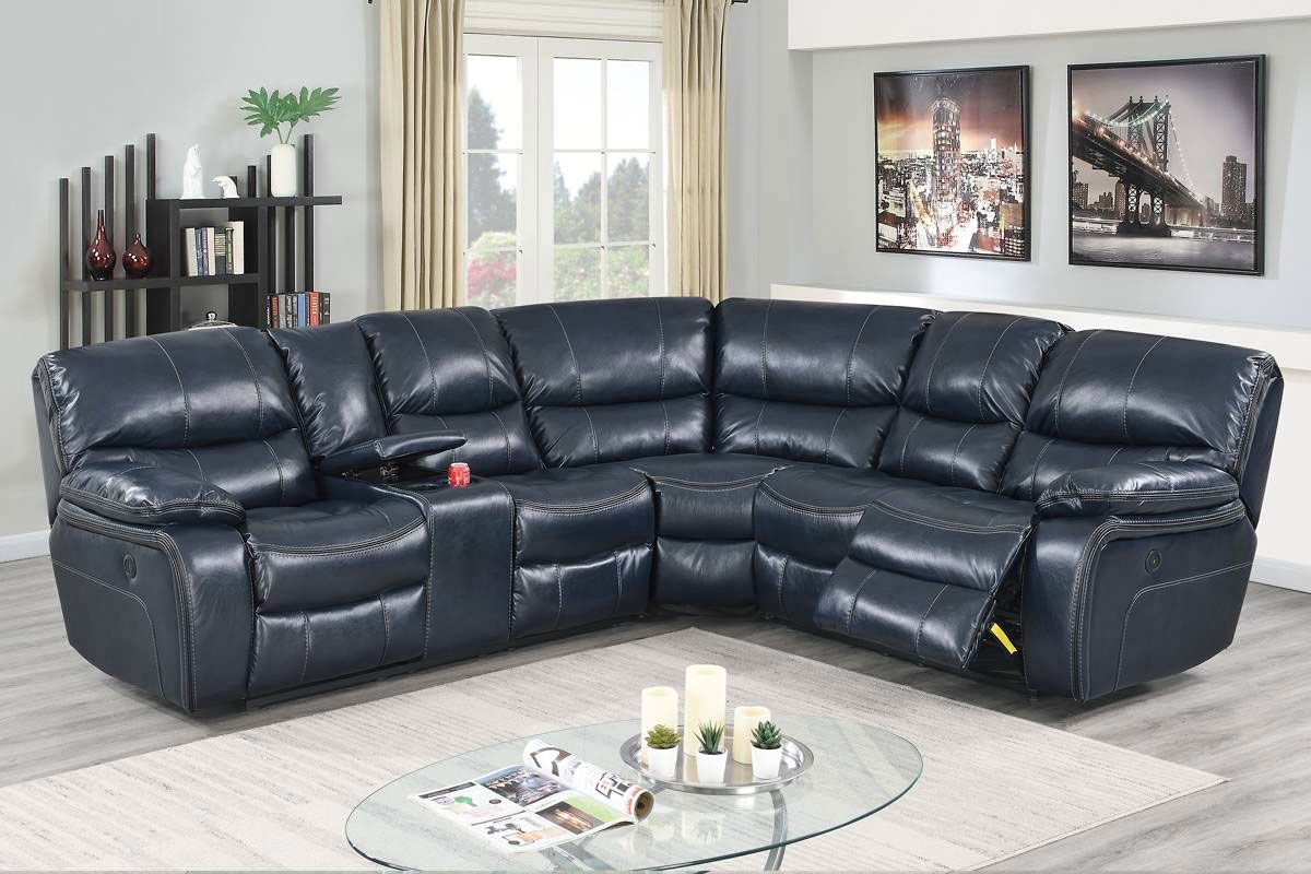 Madelia Ink Blue Leather Power Recliner Sectional