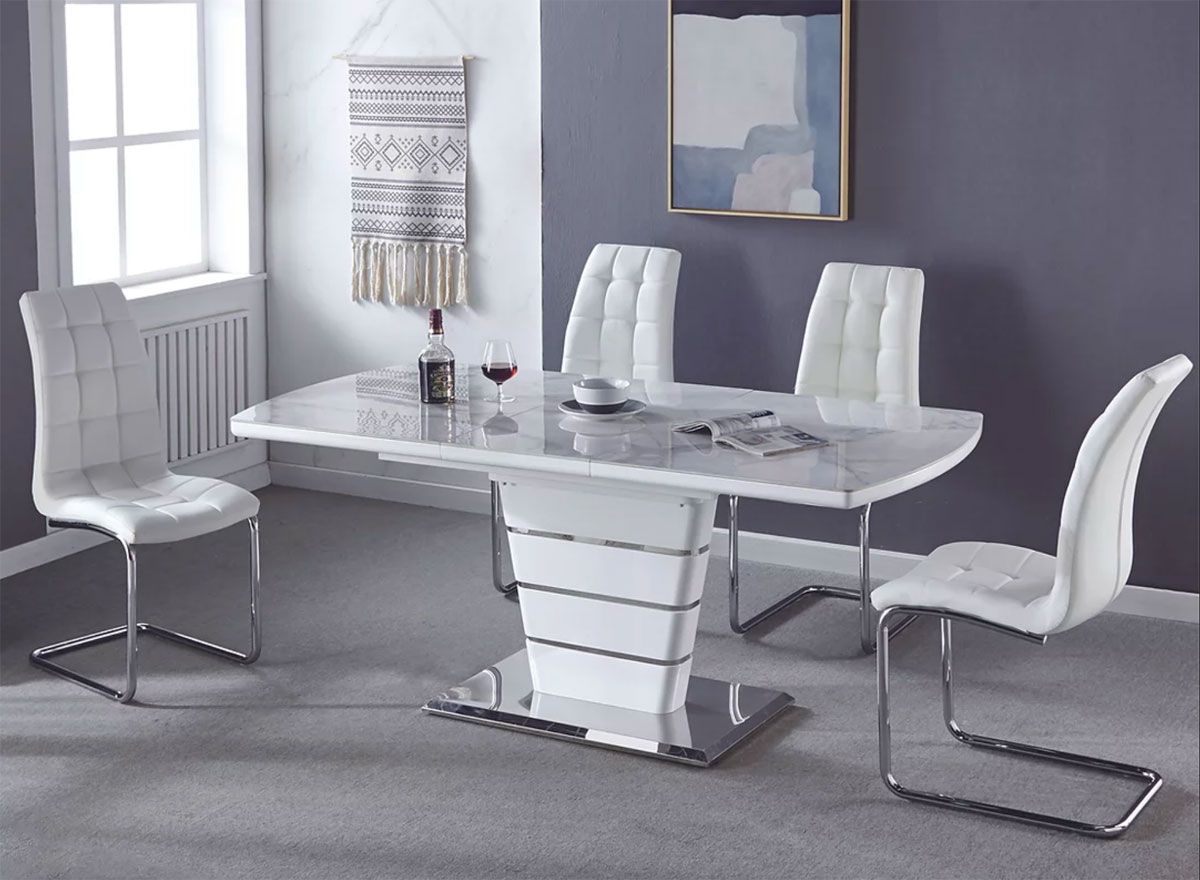 Makedon Faux Marble Dining Table With White Chairs