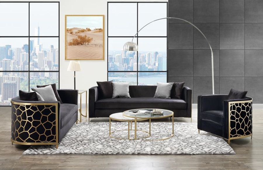 Malaga Black Velvet Sofa With Gold Accents