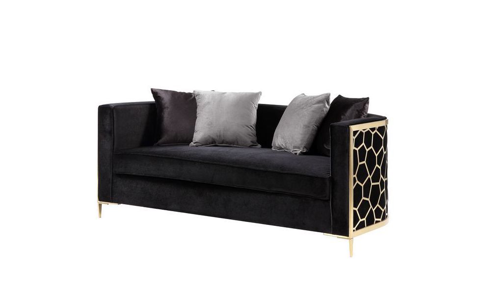 Malaga Black Velvet Loveseat Gold Accents