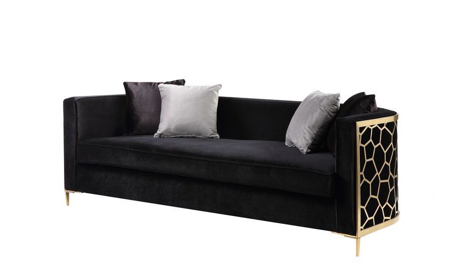 Malaga Black Velvet Sofa Gold Accents