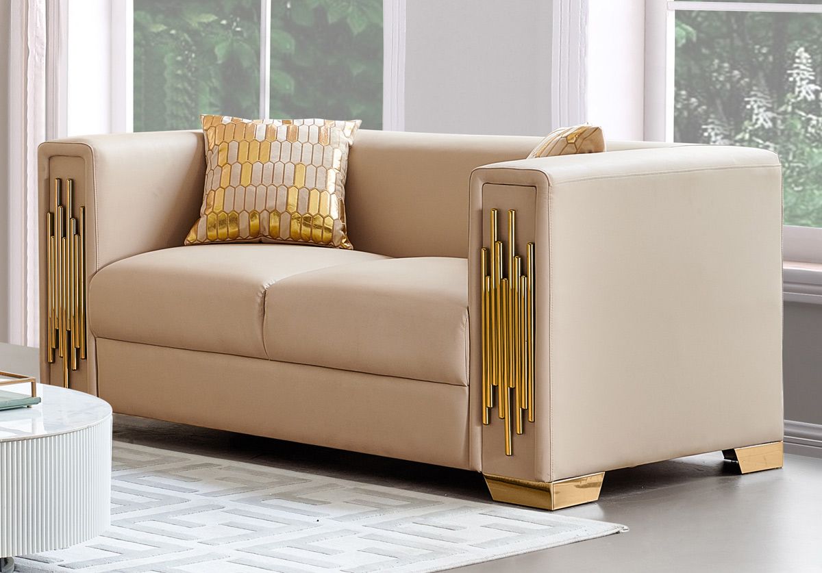 Malory Beige Leather Loveseat With Gold Trim