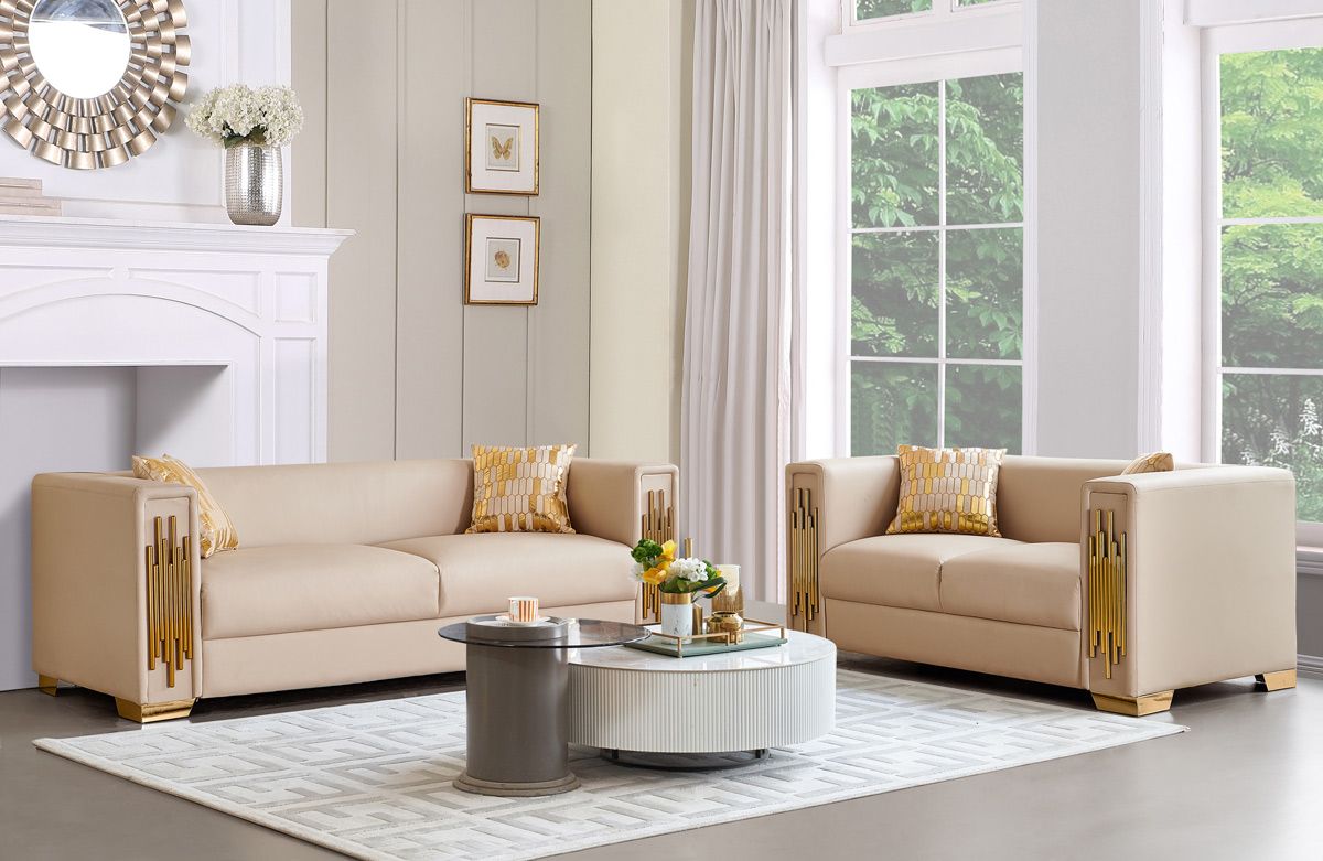 Malory Beige Leather Sofa Set With Gold Trim