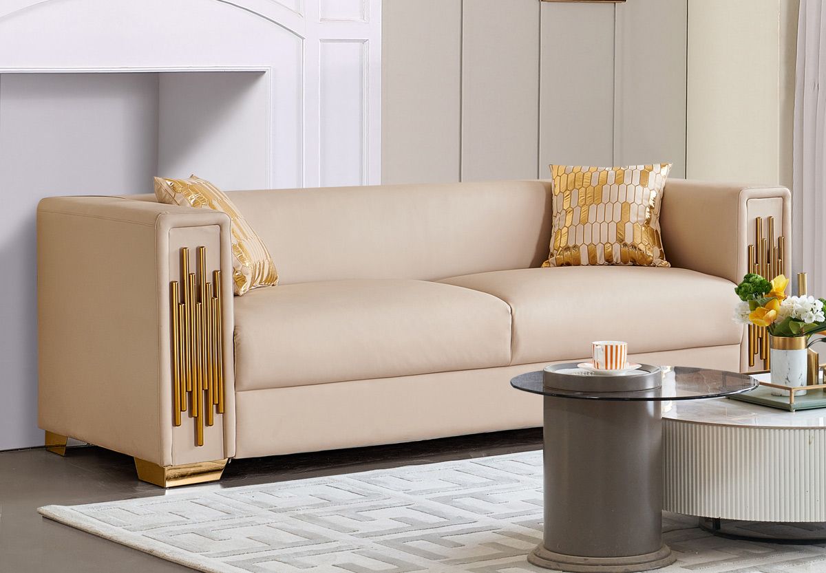 Malory Beige Leather Sofa With Gold Trim